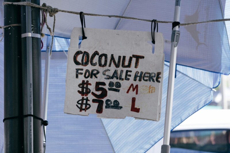 Coconut price sign in Hilo farmers market